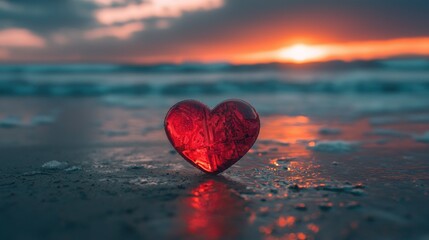 Fototapeta premium Glass heart on beach at sunset with ocean waves