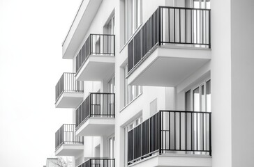 Obraz premium Modern Architectural Detail of a Minimalist Residential Building Featuring Clean Lines and Stylish Balconies on a Foggy Day