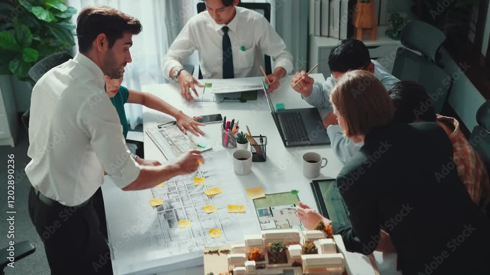 Poster group of diverse team planning strategy while sitting at table with project plan. top aerial view of