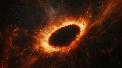 Naklejka premium A dark black hole surrounded by a fiery, glowing accretion disk in space.
