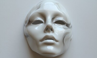 White mask, gray swirls, serene face.