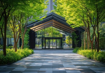 Obraz premium Modern Architectural Entrance Surrounded by Lush Green Trees and Plants in an Urban Landscape, Beautifully Designed Structure with Glass Facade