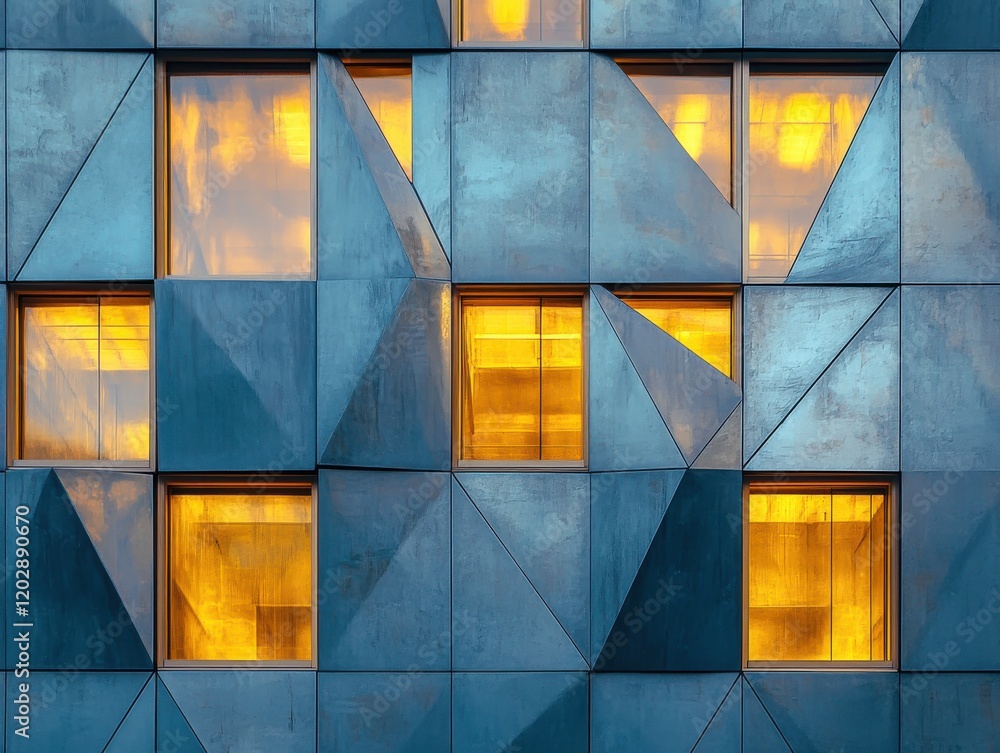 Poster modern architectural facade showcasing geometric patterns and illuminated windows at dusk with a uni