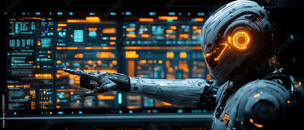 Poster futuristic robot interacting with a digital interface in a high-tech environment