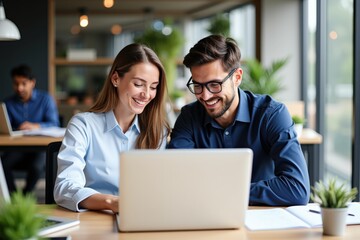 Professional Colleagues Collaborating in Modern Office Space Smiling at Laptop with Greenery Background