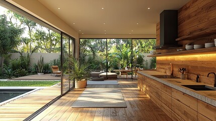 Modern kitchen interior with open layout and lush outdoor view in a tranquil setting