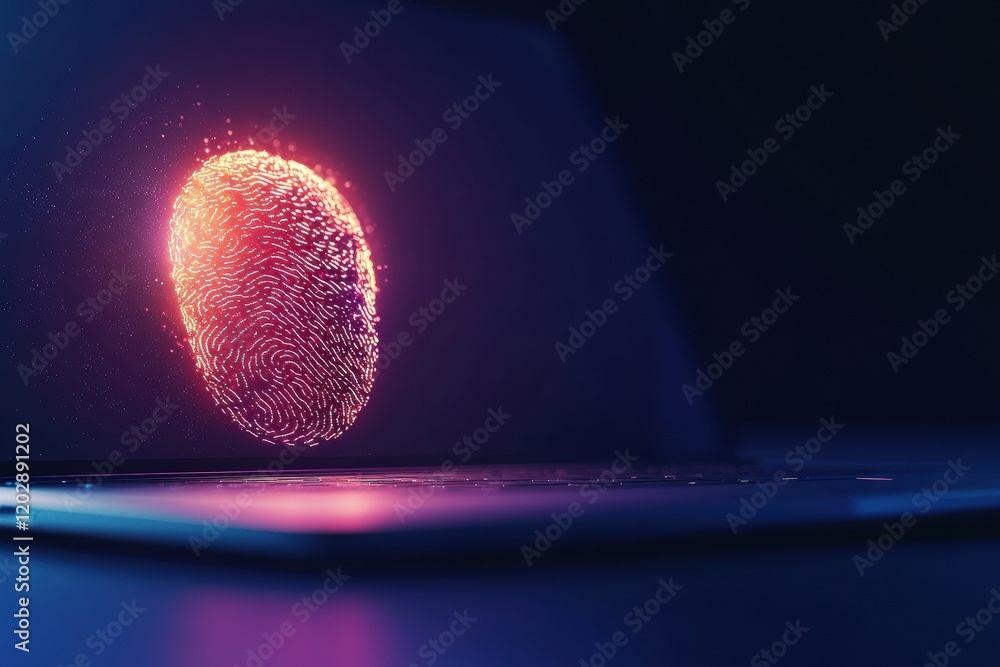 Poster digital fingerprint scan interface with glowing elements above laptop screen