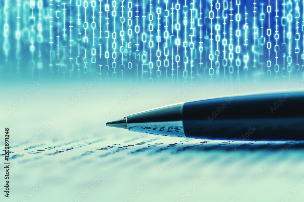 Aufkleber transparent overlay with pen on paper and binary code in background