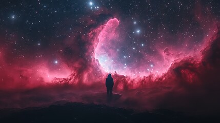 Lone figure gazing at nebula, starry night. Space exploration concept