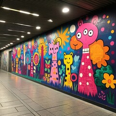 Colorful mural, whimsical animals, underground passage.