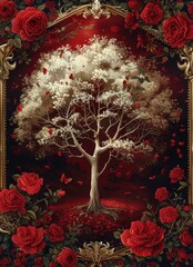 Elegant Tree Surrounded by Red Roses and Leaves