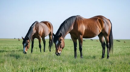 Horses Grazing in a Green Field