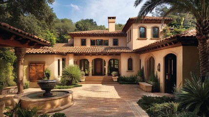 Fototapeta premium Mediterranean Style Villa with Courtyard Fountain