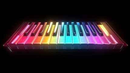 A close-up view of piano keys with each white key painted in a different bright color