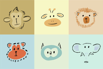 Cute set of Animal illustration for baby clothes design, learning banner, kids poster. Scandinavian vector style with monkey, geraffe, bear, gorilla, owl, elephant in colorful pose