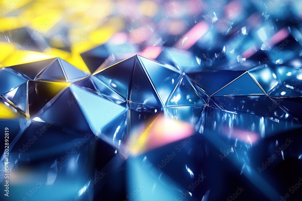 Poster abstract geometric shapes reflecting light in vibrant colors, creating a dynamic visual effect