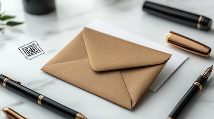 Brown envelope, pens, stationery, marble surface.