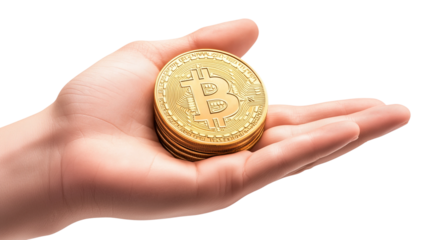 Hand holds golden Bitcoin coin,PNG,transparent background,rising value of digital currency.