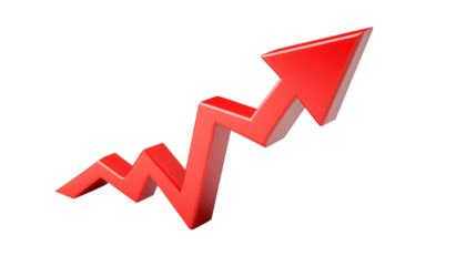 Golden Bitcoin coin,red arrow pointing upwards,PNG,transparent,rising value of digital currency