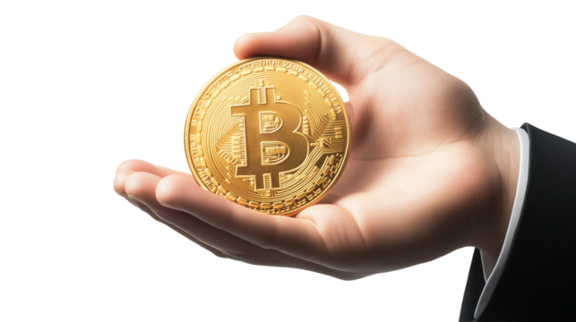 Hand holds golden Bitcoin coin,PNG,transparent background,rising value of digital currency.