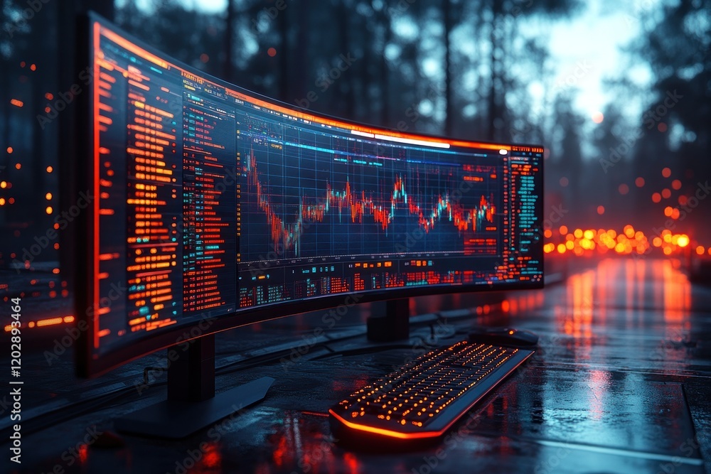 Poster futuristic workspace with a curved monitor displaying data analytics in a forest