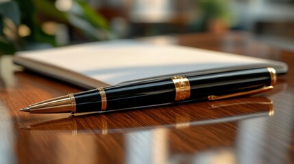 Luxury pen, notepad, wooden desk, office background, business concept