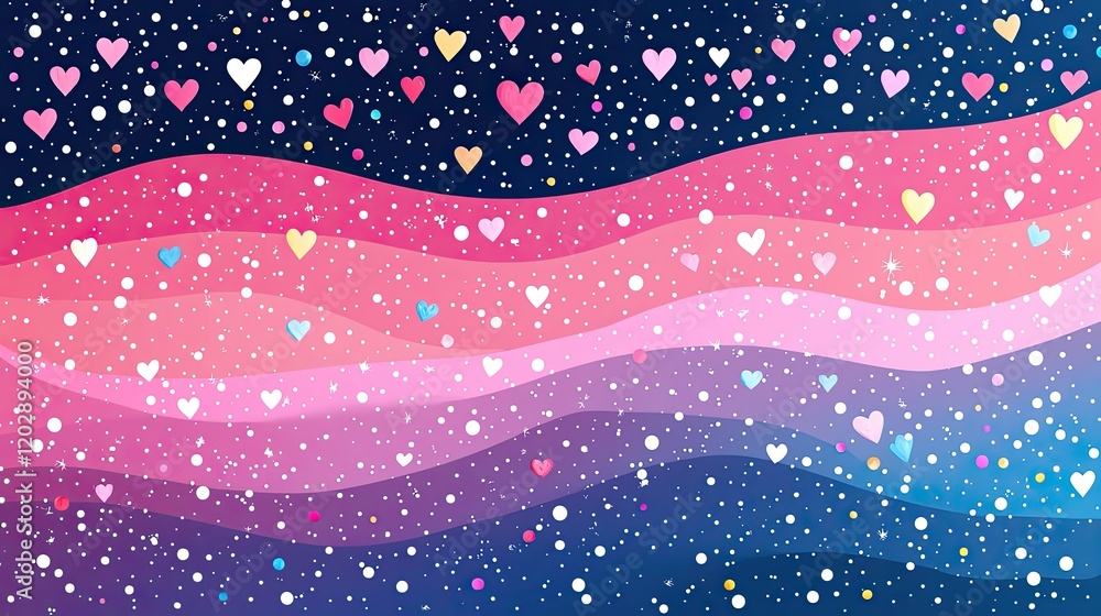 Poster colorful heart patterns create a vibrant design with stars and waves in a dreamy background