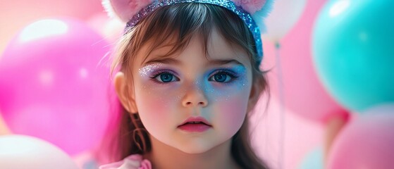 Obraz premium A joyful little girl in a unicorn headband and vibrant makeup, perfect for birthday celebrations, magical parties, or pastel-themed events.
