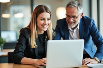 Obraz premium Professional Team Collaboration: Young Woman and Mature Man Engaged in Productive Work Session at Modern Office with Laptop