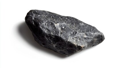 Close-up of a textured black rock on a white background, showcasing its unique geological features