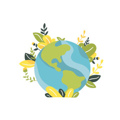 Green planet Earth in flat design on white background. Save the planet, save the earth, save the world. Vector illustration.