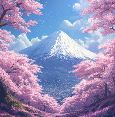 Obraz premium A breathtaking view of Mount Fuji under a bright blue sky, surrounded by vibrant pink cherry blossoms. their petals softly falling, Mount Fuji stands majestically, snow-capped, illuminated by soft sun