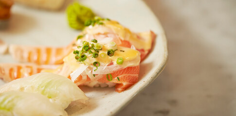 Different types of sushi on a plate