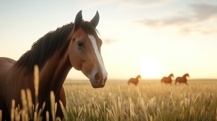 Obraz premium Horses in a golden field at sunset