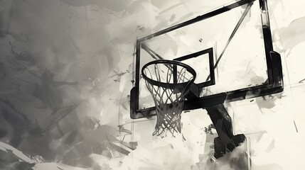 Abstract Basketball Hoop in Black and White Ink Style
