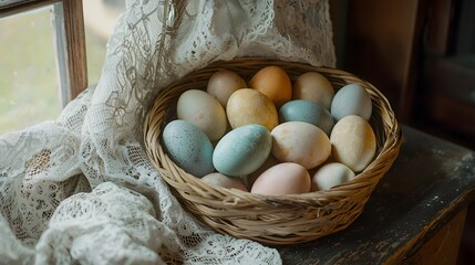 Colorful Easter Eggs in a Basket by the Window Cozy Home Setting