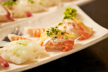 Different types of sushi on a plate
