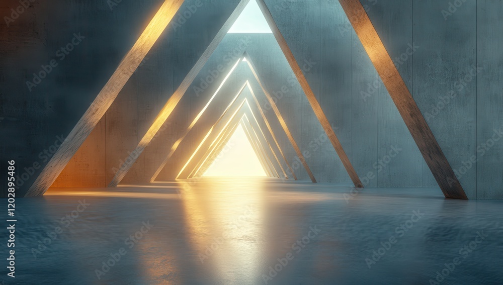 Poster modern architectural space featuring triangular structures with dramatic lighting and reflections, c