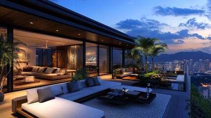 Obraz premium Modern Rooftop Terrace with City Skyline View