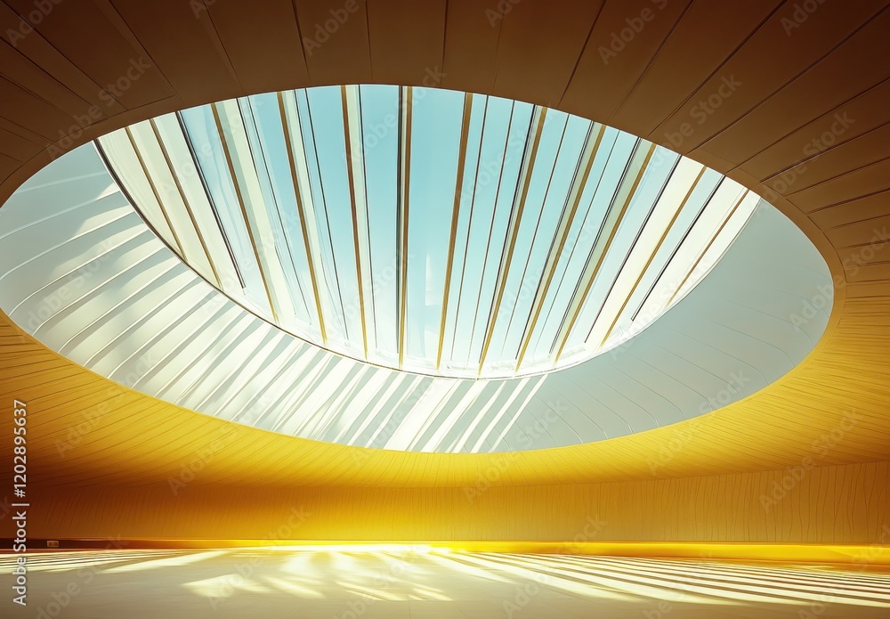 Poster modern architectural space with circular skylight illuminated by natural light creating a warm and i
