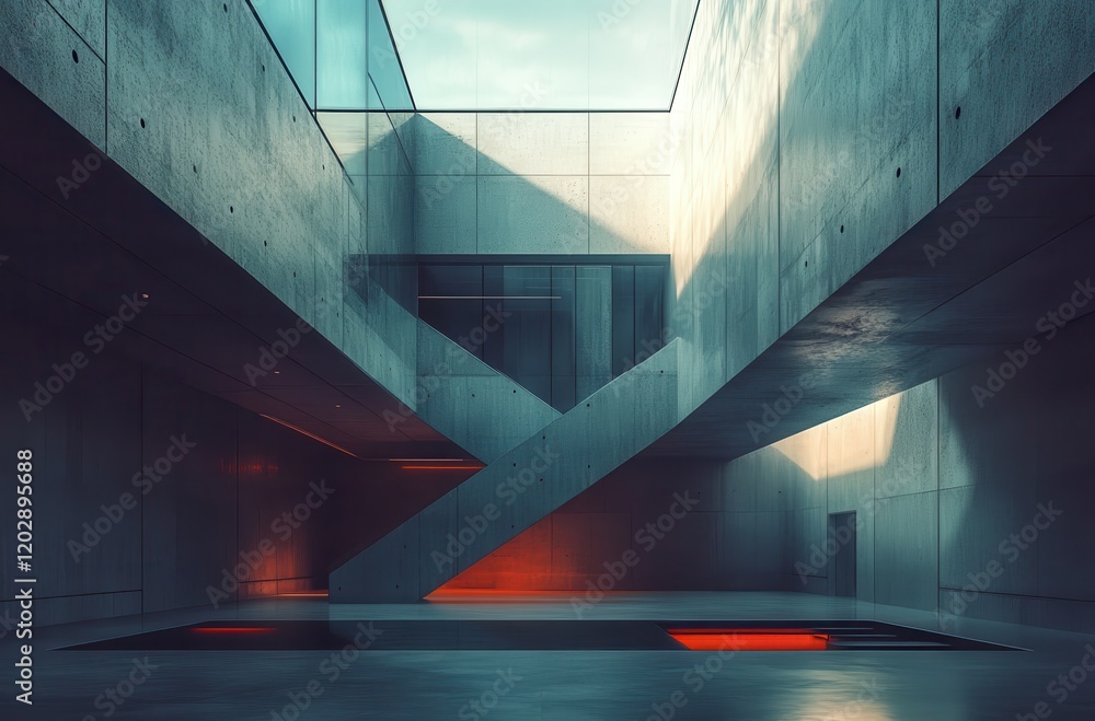 Poster modern architectural space with concrete walls, abstract design elements, and unique staircase under