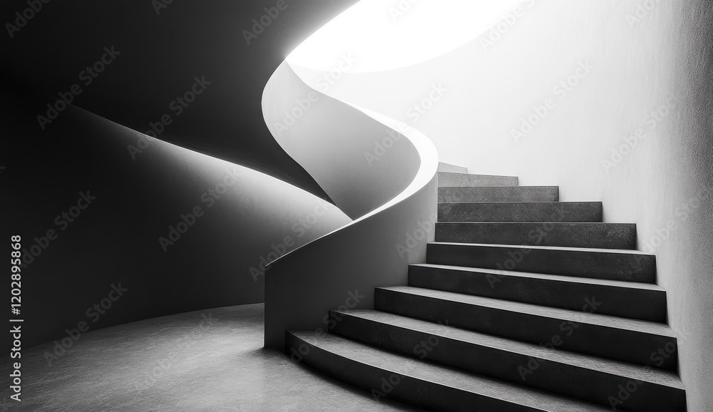 Poster modern architectural staircase with elegant curves and soft lighting in monochrome, showcasing artis