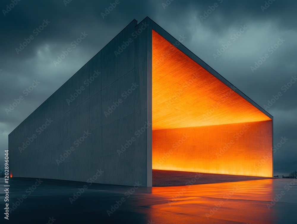 Poster modern architectural structure illuminated by warm orange light against a dramatic gray sky, showcas