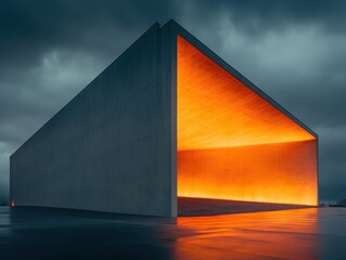 Modern architectural structure illuminated by warm orange light against a dramatic gray sky, showcasing sharp angles and minimalist design in a moody atmosphere