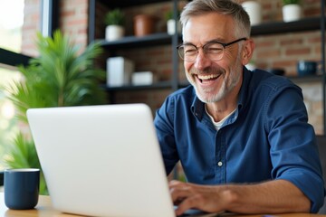 Fototapeta premium Joyful Senior Man Working on Laptop at Home Office Surrounded by Plants, Emphasizing Remote Work, Technology, and Happiness in Modern Workspace