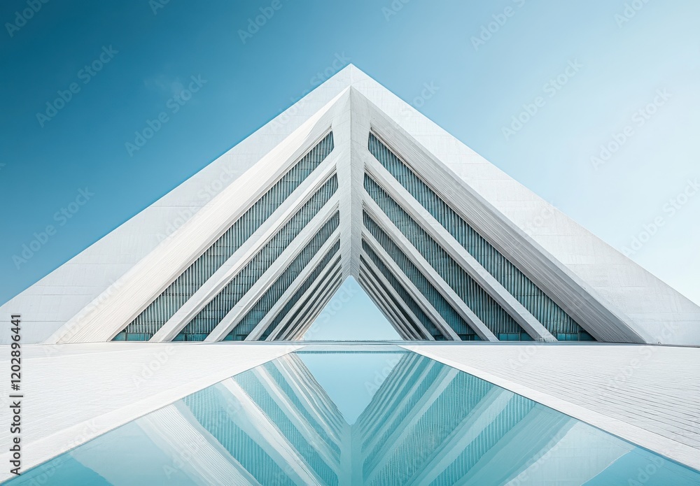 Poster modern architectural structure with striking triangular design against a clear blue sky, featuring s