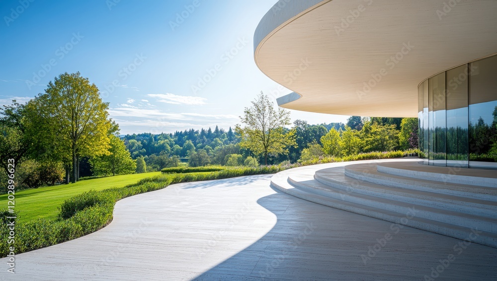 Poster modern architecture showcases a sweeping curved design with large glass windows, surrounded by lush 