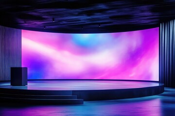 Large LED screen mockup displayed on a stage with a podium, ready for a professional presentation.