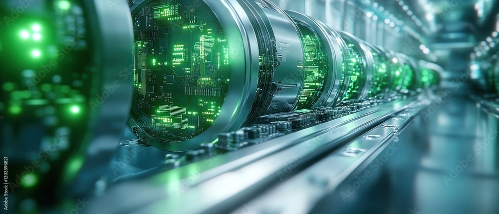 Poster futuristic technology showcasing advanced machinery with glowing circuits in a lab