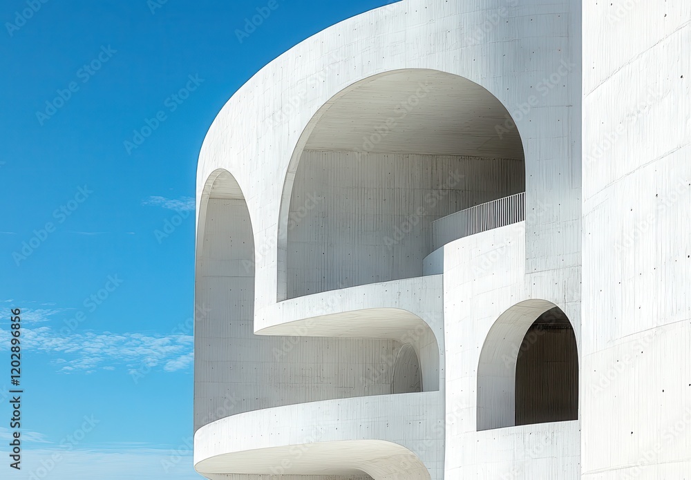 Poster modern architecture with curved concrete structure against a bright blue sky showcasing minimalist d
